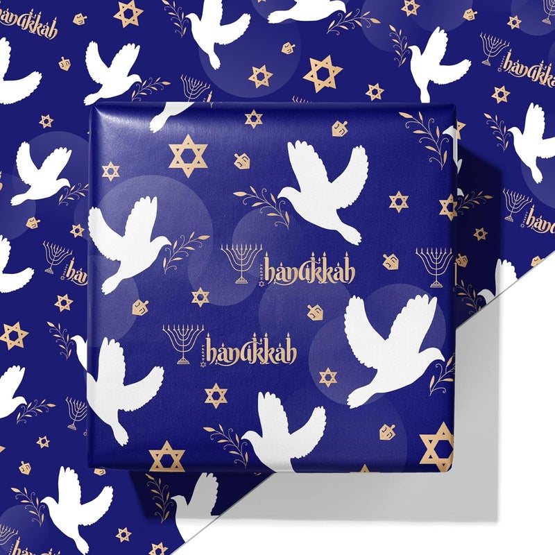 Cuitpan Hanukkah Wrapping Paper - Festival Gift Wrap with Doves, Menorahs, Star of David & Hanukkah Design - Perfect for Jewish Holiday Presents - 40×28 Inches, 4 Folded Sheets - Image 1